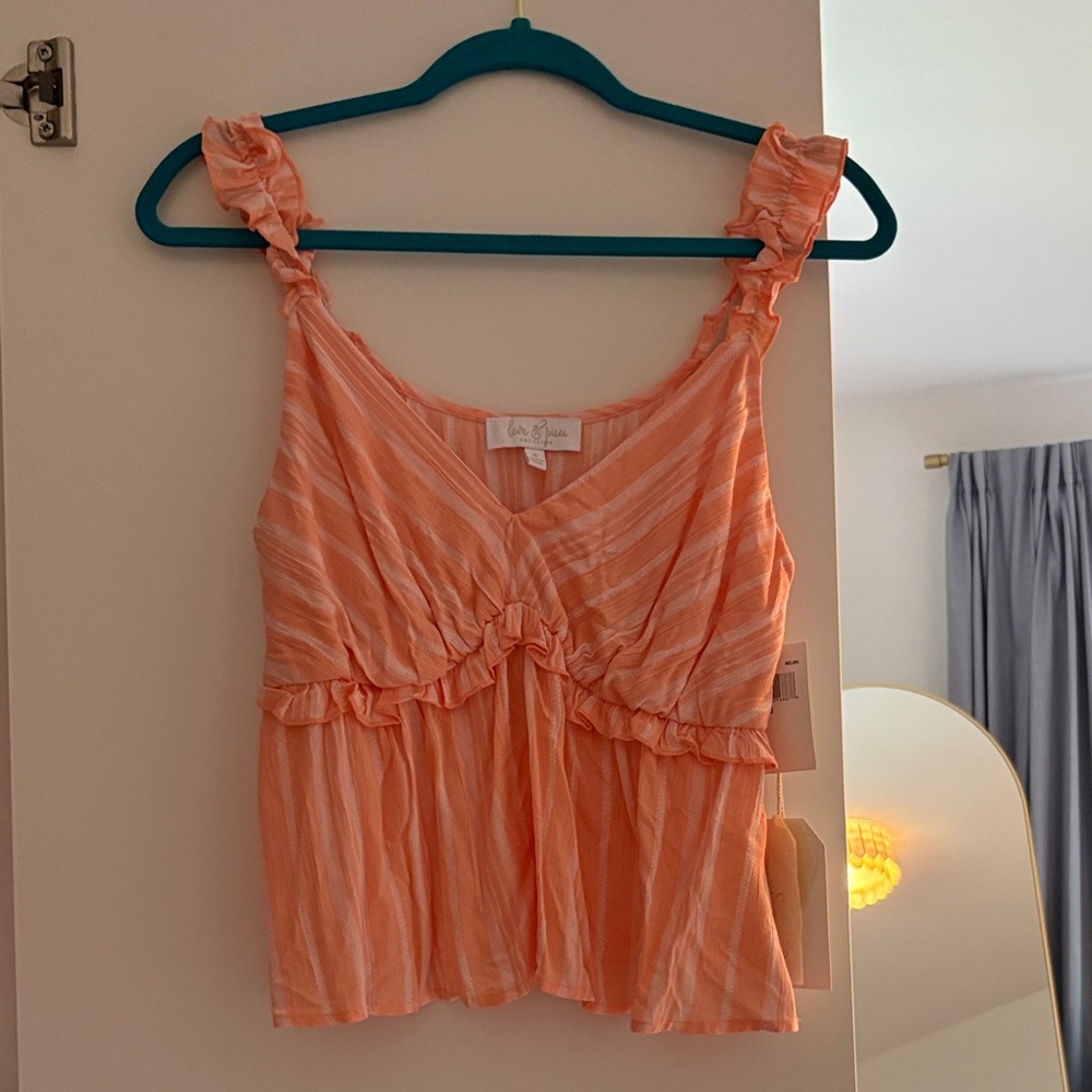 love, Fire Peach Striped Ruffle Tank Top